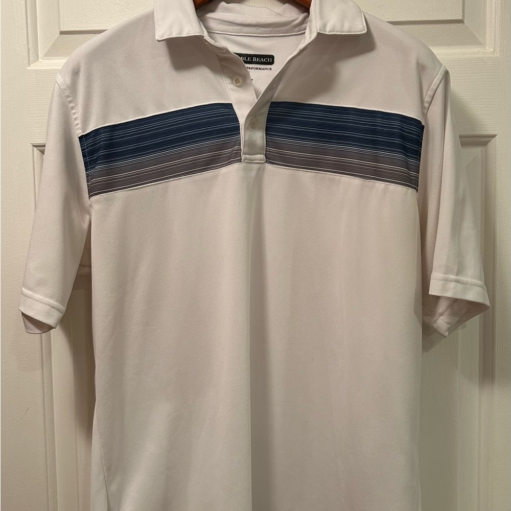 Pebble Beach Dry Luxe Performance Blue and Gray  Stripe Pattern Polo, Size L